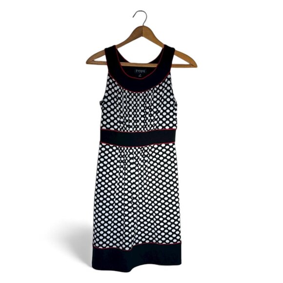 Enfocus Studio Black/White Polka Dot Sleeveless A-Line Dress Red Trim Size 8 - Picture 1 of 7
